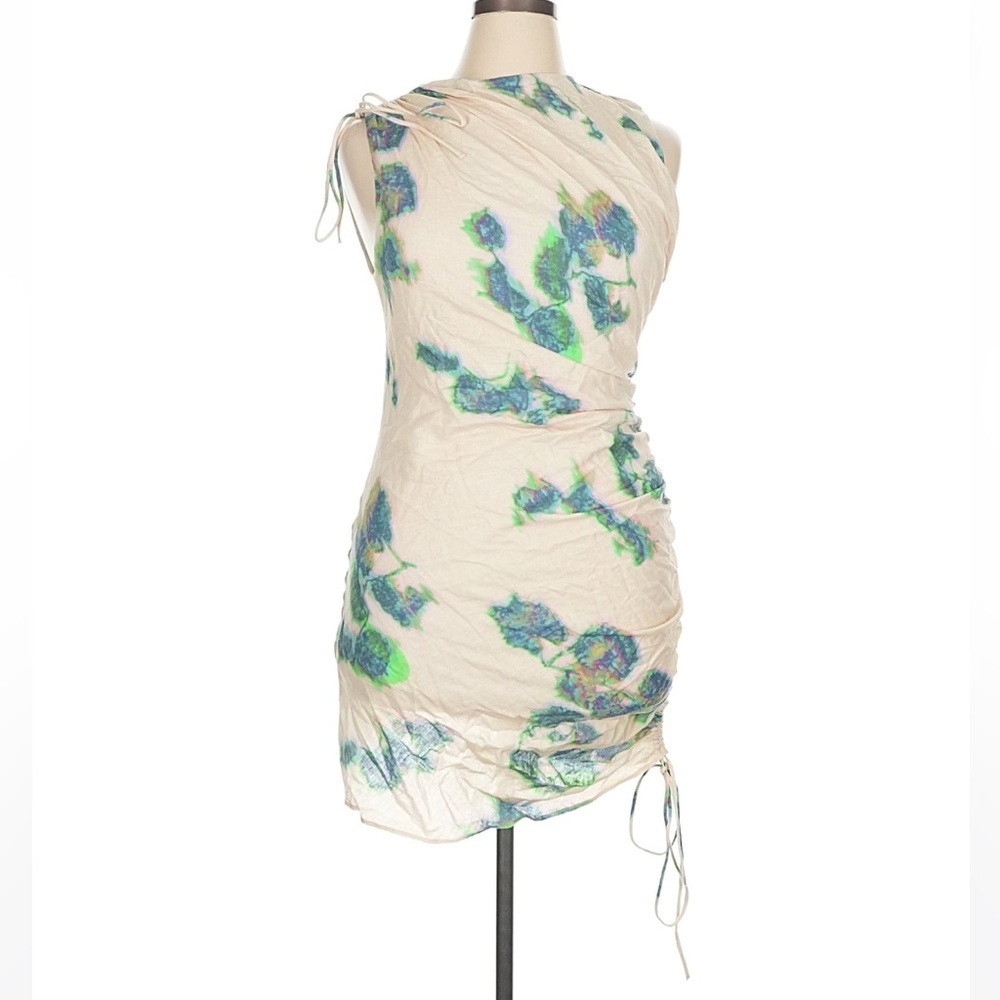 Zara Limited Edition Linen Mini Dress Ruched Oil Print Blue Cream Abstract XL - Picture 4 of 9